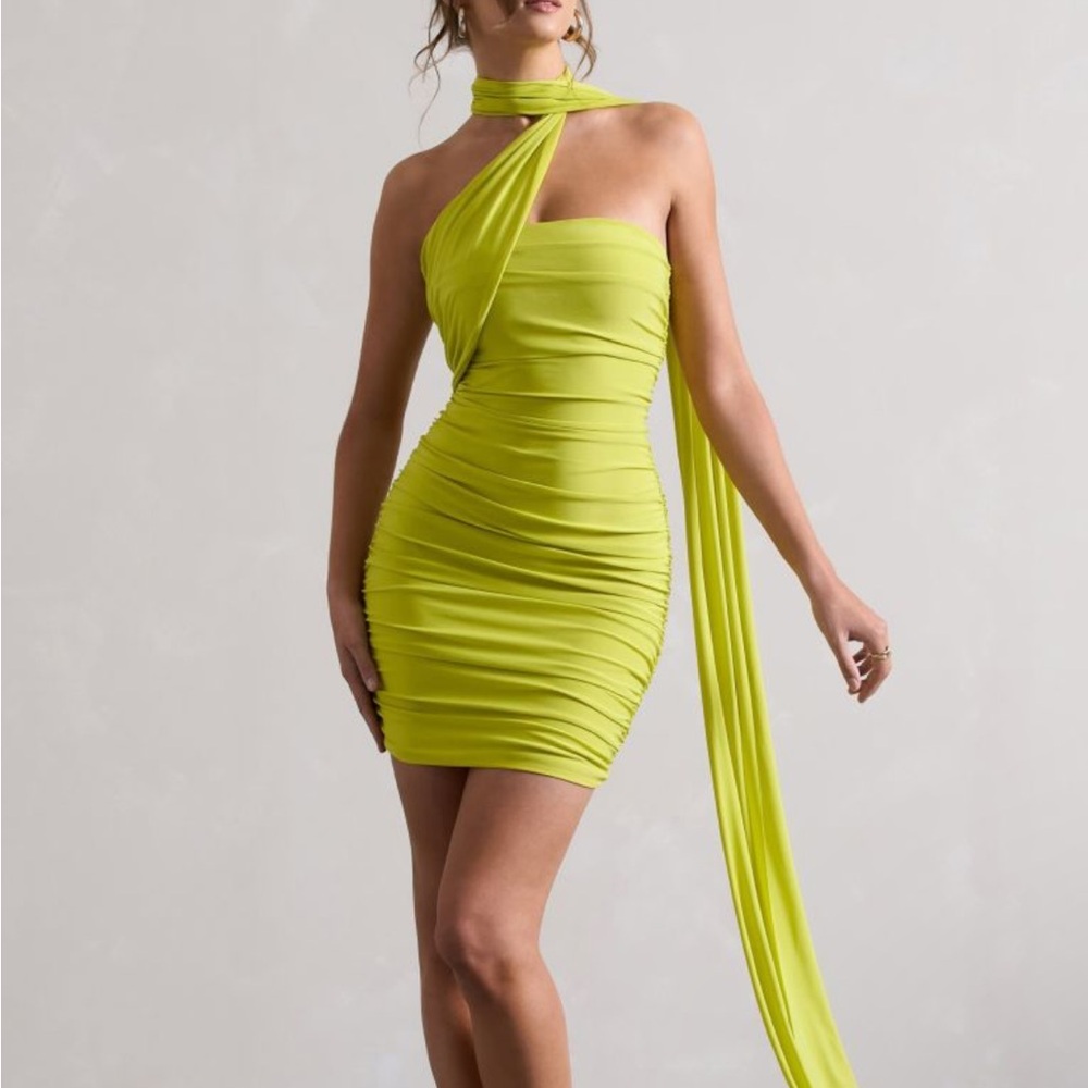Club L London Abel | Lime Green Ruched One Shoulder Mini Dress With Scarf